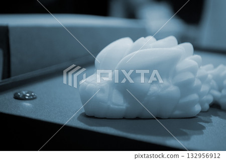 Art object printed on 3D printer. Model printed on 3D printer. 3D printed object. Shape printed on 3D printer from molten plastic. Printing technology. New modern additive FDM printing technologies Art object printed on 3D printer. Model printed on 3D printer. 3D printed object. Shape printed on 3D printer from molten plastic. Printing technology. New modern additive FDM printing technologies 132956912