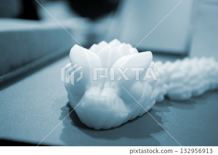 Art object printed on 3D printer. Model printed on 3D printer. 3D printed object. Shape printed on 3D printer from molten plastic. Printing technology. New modern additive FDM printing technologies 132956913