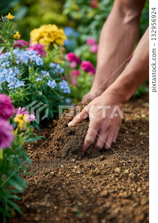 A person's hands spreading topsoil evenly over a newly planted flower bed, ensuring healthy garden growth. A person's hands spreading topsoil evenly over a newly planted flower bed, ensuring healthy garden growth. 132956924