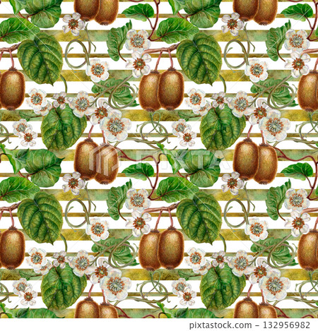 White flowers, green leaves, branches and brown fruit kiwi. Seamless pattern on a striped white background. Botanical template for home kitchen textiles, wrapping paper, packaging, wallpaper White flowers, green leaves, branches and brown fruit kiwi. Seamless pattern on a striped white background. Botanical template for home kitchen textiles, wrapping paper, packaging, wallpaper 132956982