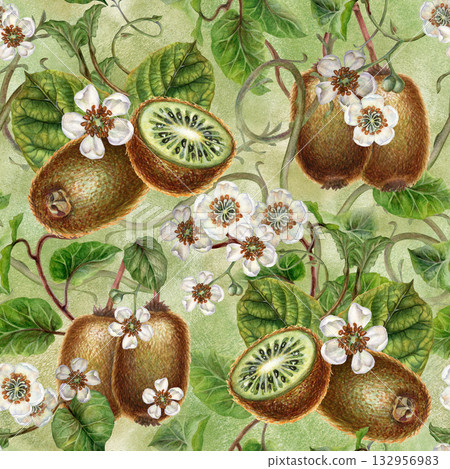 White flowers, green leaves, branches and brown fruit kiwi on a seamless pattern on a green gradient background. Botanical template for home textiles, wrapping paper, packaging, wallpaper, scrapbook White flowers, green leaves, branches and brown fruit kiwi on a seamless pattern on a green gradient background. Botanical template for home textiles, wrapping paper, packaging, wallpaper, scrapbook 132956983