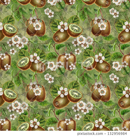 White flowers, green leaves, branches and brown fruit kiwi on a seamless pattern on a green background. Botanical template for home kitchen textiles, wrapping paper, packaging, wallpaper, scrapbook White flowers, green leaves, branches and brown fruit kiwi on a seamless pattern on a green background. Botanical template for home kitchen textiles, wrapping paper, packaging, wallpaper, scrapbook 132956984