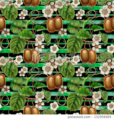 White flowers, green leaves, branches and brown fruit kiwi. Seamless pattern on a striped black background. Botanical template for home kitchen textiles, wrapping paper, packaging, wallpaper 132956985
