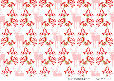 Pink reindeer and cute red berry seamless pattern for Christmas holiday and winter background, fabric, wrapping paper and festive decor illustration vector design Pink reindeer and cute red berry seamless pattern for Christmas holiday and winter background, fabric, wrapping paper and festive decor illustration vector design 132956992