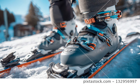 Modern ski boots with secure buckles secured to skis in fresh snow, winter sports equipment in action 132956997