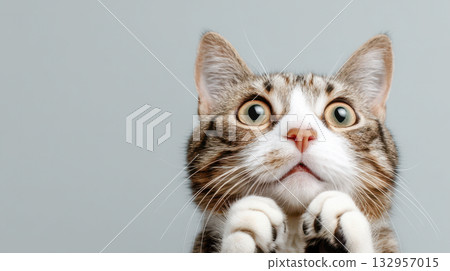 Adorable tabby cat with wide eyes and raised paws, cute surprised pet portrait on minimalist background 132957015