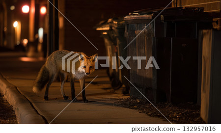 Urban red fox standing by trash cans in an alley at night, encountering wildlife in soft street light 132957016
