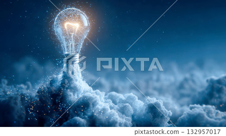 Glowing light bulb emerging from cloud fog with sparkling particles, concept of creativity and innovation Glowing light bulb emerging from cloud fog with sparkling particles, concept of creativity and innovation 132957017