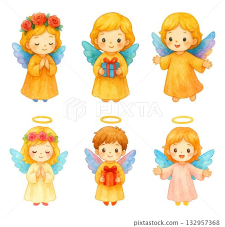 Cute watercolor angels set, color clipart collection, traced vector 132957368