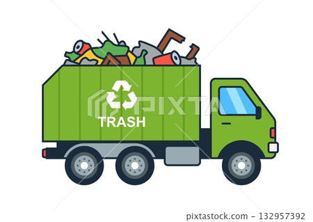 Green garbage truck for transporting trash. Green garbage truck for transporting trash. 132957392