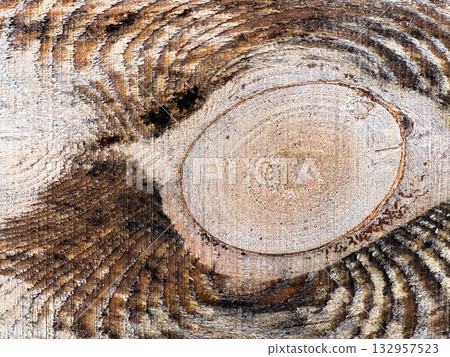 Texture of an untreated wooden board with a stump. Wood texture. Close-up of a wooden surface. 132957523