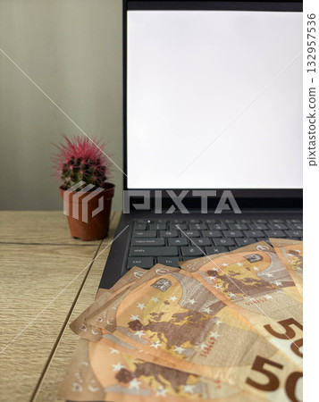 A close-up of euro banknotes on a laptop. White laptop screen. Concept of online earnings 132957536