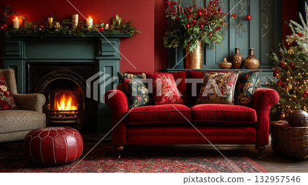 Cozy Holiday Living Room. Festive living room with a red velvet sofa, fireplace, and holiday decorations. Cozy Holiday Living Room. Festive living room with a red velvet sofa, fireplace, and holiday decorations. 132957546