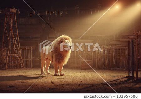 Lion stands in a dusty arena under a warm spotlight. Spotlight bathes empty cages and seating for a dramatic show. Lion stands in a dusty arena under a warm spotlight. Spotlight bathes empty cages and seating for a dramatic show. 132957596