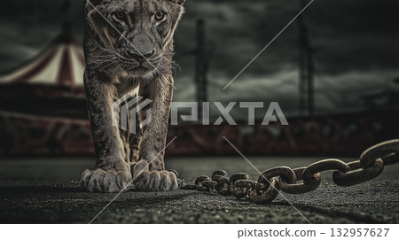 wolf approaches a circus tent. A rusted chain lies on the ground beside the animal. 132957627
