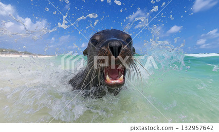 Sea lion jumps through spray near the beach. Bright daylight highlights the sea lion and splashing water. 132957642