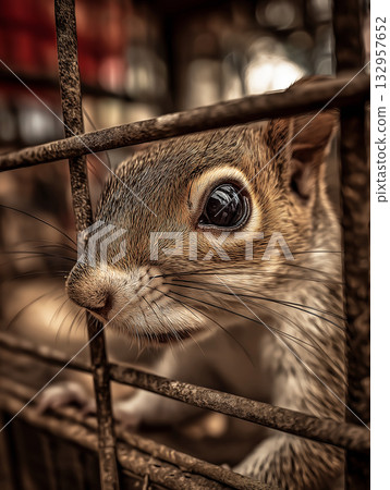 Squirrel peers through rusty bars in a cage. Curious eyes reflect the moment. 132957652