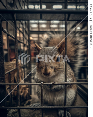 Squirrel peers through the cage bars in a pet store. Curious expression and alert eyes create a sense of curiosity. 132957653