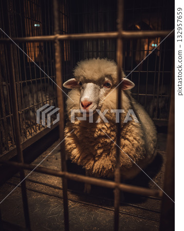 Lamb sits inside metal cage. Dim amber lighting creates a somber atmosphere. 132957659