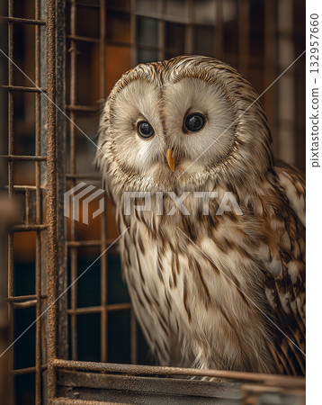 Owl sits in a metal cage. Its large dark eyes dominate the frame. Owl sits in a metal cage. Its large dark eyes dominate the frame. 132957660