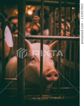 Pig peering through bars in a pen at a barn. Warm amber lighting sets a calm mood. Pig peering through bars in a pen at a barn. Warm amber lighting sets a calm mood. 132957663