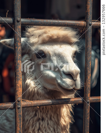 Alpaca peers through rusty bars in a pen. Warm daylight highlights its face. Alpaca peers through rusty bars in a pen. Warm daylight highlights its face. 132957666