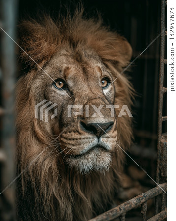 Lion in a zoo enclosure peers through rusted bars. Close up reveals amber eyes and full mane. Lion in a zoo enclosure peers through rusted bars. Close up reveals amber eyes and full mane. 132957673