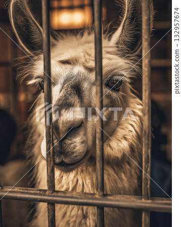 Alpaca peers through bars in a barn stall. Warm light highlights its calm expression. 132957674