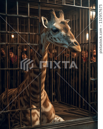 Giraffe peers through metal bars in a zoo enclosure. Crowd watches from behind the bars as warm light highlights the scene. 132957675