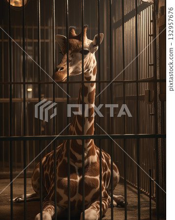 Giraffe rests in a cage at a zoo. Warm lighting highlights the animal inside the enclosure. 132957676
