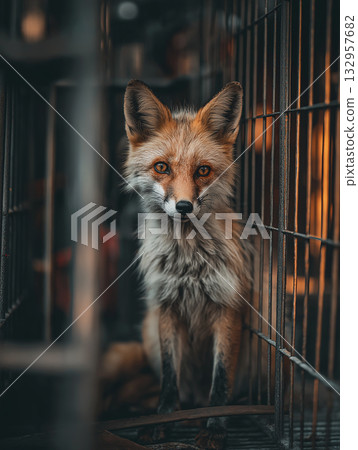 Fox stands inside a metal cage in a dim warehouse. Warm lighting highlights the fox's amber eyes. 132957682