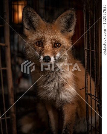 Fox cub sits inside a metal cage. Warm light highlights amber eyes. Fox cub sits inside a metal cage. Warm light highlights amber eyes. 132957683