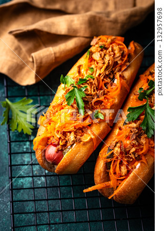 Traditional american street food hot dog Traditional american street food hot dog 132957698