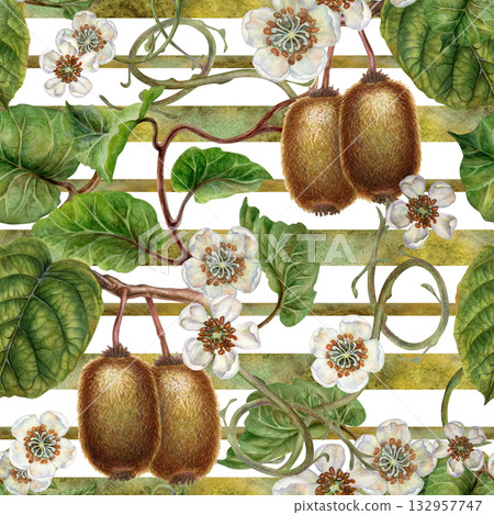 White flowers, green leaves, branches, brown kiwi. Seamless pattern on a white background with green gradient stripes. Botanical template for home textiles, wrapping, packaging, wallpaper, scrapbook 132957747