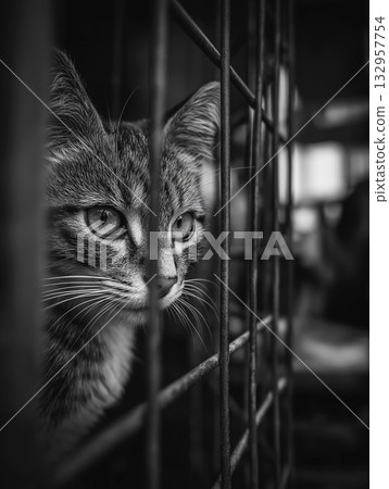 Cat in a cage peers through metal bars. Monochrome image conveys isolation and endurance. 132957754