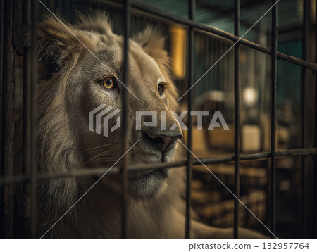 Lion peers through bars in a zoo enclosure. Golden eyes lock on the viewer. Lion peers through bars in a zoo enclosure. Golden eyes lock on the viewer. 132957764