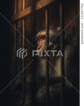 Monkey sits inside a cage at a zoo. Dim lighting and bars emphasize the animal's orange eyes. 132957768