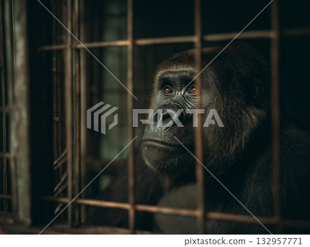 Gorilla in a cage gazes through bars in a zoo enclosure. Dim lighting highlights the gorilla's face. 132957771