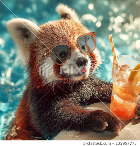 Red panda wearing sunglasses relaxes by the poolside with a cocktail. Sunlit tropical mood with reflections on turquoise water 132957773