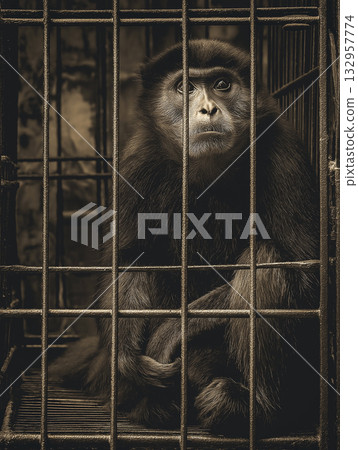 Gibbon sits in a metal cage at the zoo. Metal bars frame a pensive primate. 132957774