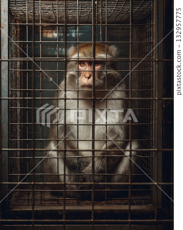 monkey sits in a rusted cage at a zoo. orange eyes meet the viewer through the metal bars. 132957775