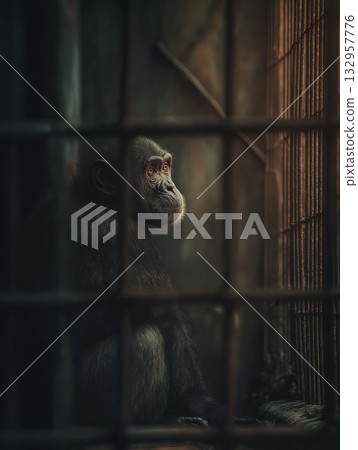 Orangutan gazes from a cage in a zoo enclosure. Dim lighting and iron bars create a somber mood. 132957776
