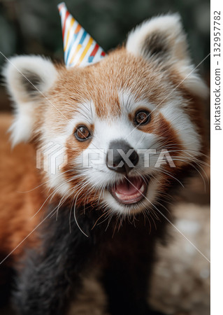 Red panda cub at a birthday party smiles wearing a striped party hat. Colorful party hat adds festive mood. Red panda cub at a birthday party smiles wearing a striped party hat. Colorful party hat adds festive mood. 132957782