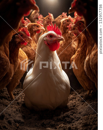 White chicken stands beside brown hens in a coop. Warm lighting casts a dramatic glow on central bird. 132957786