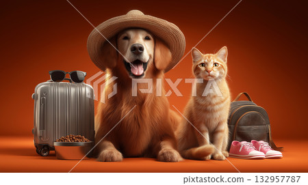 Golden retriever wearing a straw hat and orange tabby cat sit together in a studio with travel gear. They pose with a silver suitcase and a backpack and pink sneakers for a travel themed scene. 132957787