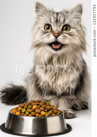 Playful cat sits beside a bowl of dry food in a white studio. Bright studio lighting highlights fluffy fur and curious expression. Playful cat sits beside a bowl of dry food in a white studio. Bright studio lighting highlights fluffy fur and curious expression. 132957793