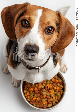 Beagle looks up at the camera in a studio. A bowl of kibble sits in front of the dog under bright studio lights. 132957795