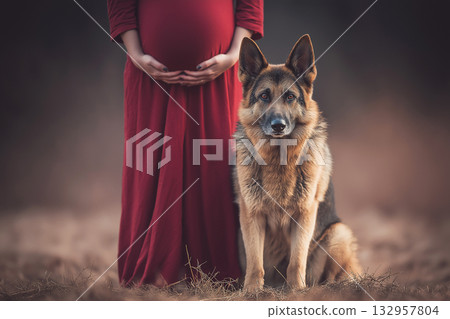 Pregnant woman in red dress holds belly beside German Shepherd in a field. Golden hour lighting adds warmth and calm to the moment. 132957804