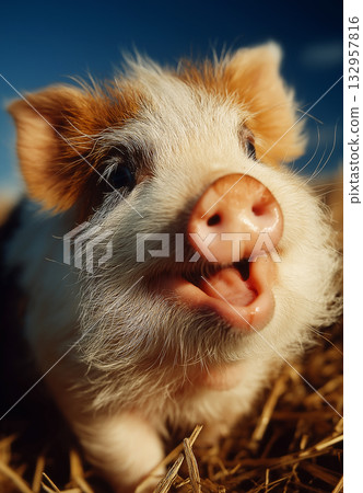 Piglet sniffs straw in a sunny barnyard. Bright blue sky overhead creates warmth. Piglet sniffs straw in a sunny barnyard. Bright blue sky overhead creates warmth. 132957816