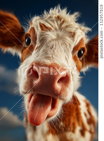 Cow sticks out tongue under blue sky. Playful close-up of a cow under bright daylight. Cow sticks out tongue under blue sky. Playful close-up of a cow under bright daylight. 132957819